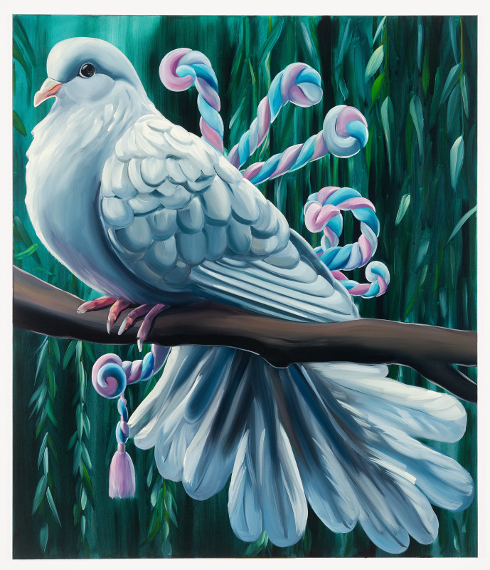 Malin Molin, Realistic photo of a white slim dove sitting with ruffled feathers on a branch in a willow tree. It has a long twisted marshmallow rope in blue white pink and yellow in its beak. It is twilight and the foliage almost covers the bird, 2024