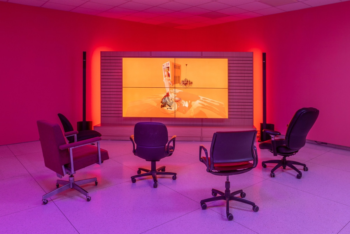 Installation view, Utopia Trilogy #2: Da Da Company in exhibition "Samson Young: Silver Moon or Golden Star, Which Will You Buy of Me?", Smart Museum of Art, University of Chicago, 2019., 