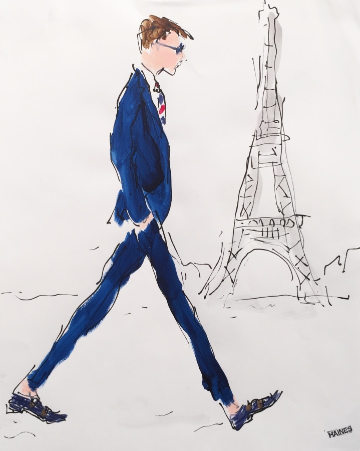 Drawing of man in blue suit by Richard Haines