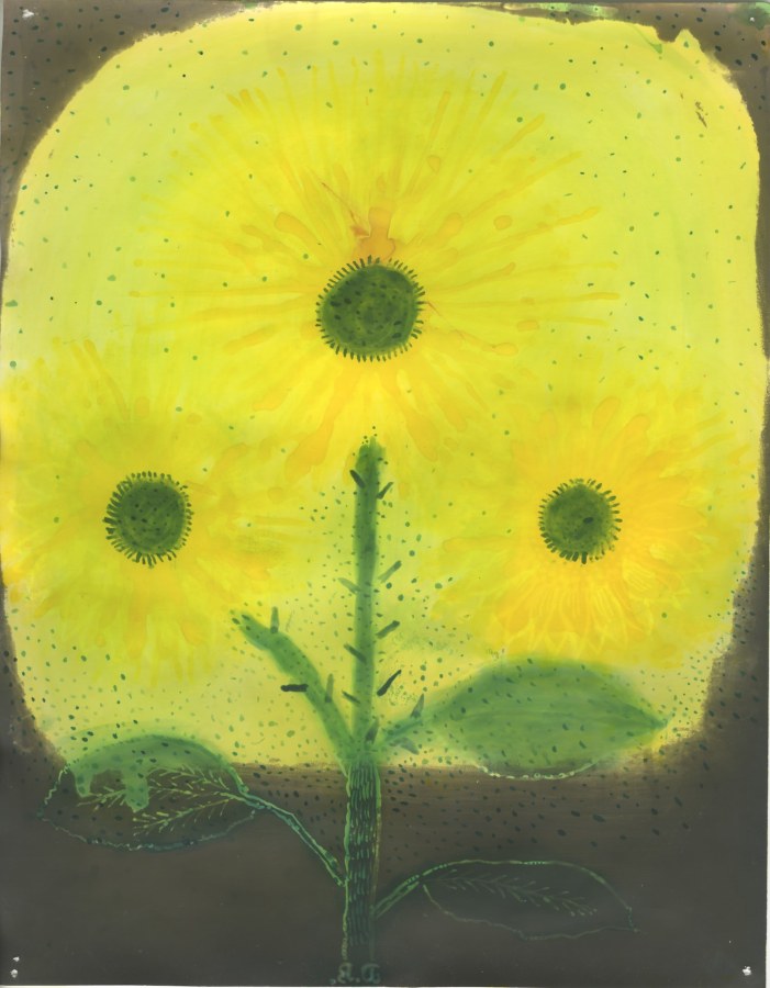 Dietmar Busse, Three Yellow Flowers for My Grandma Who Died of a Broken Heart on Her 95th Birthday, 2025