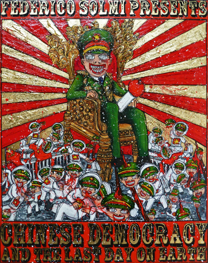 Federico Solmi Federico Solmi Presents Chinese Democracy and The Last Day On Earth (Throne), 2012 Acrylic, ink, gold leaf on paper mounted on wood panel ​20 x 16 in.