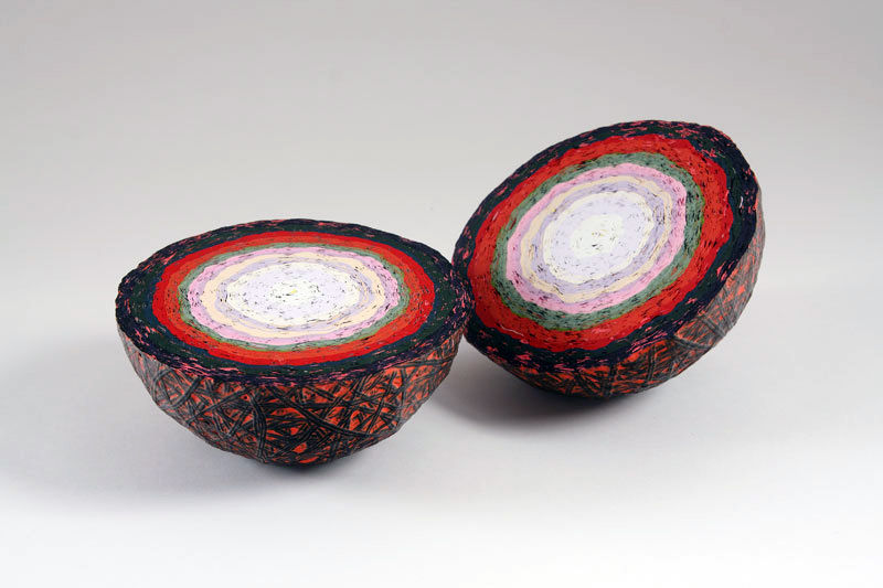 Margie Livingston White to Black with Orange Over and Flecked with Yellow and Pink, 2010  Acrylic Diameter approximately 7 inches (cut in half)