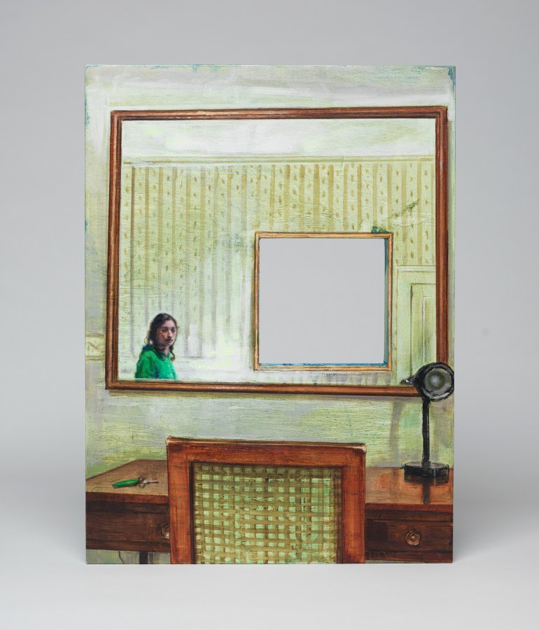 Laura Karetzky, Concurrence: Of Ascents and Exits, 2021, Double-sided oil on panel, 22.25 x 12.25 in