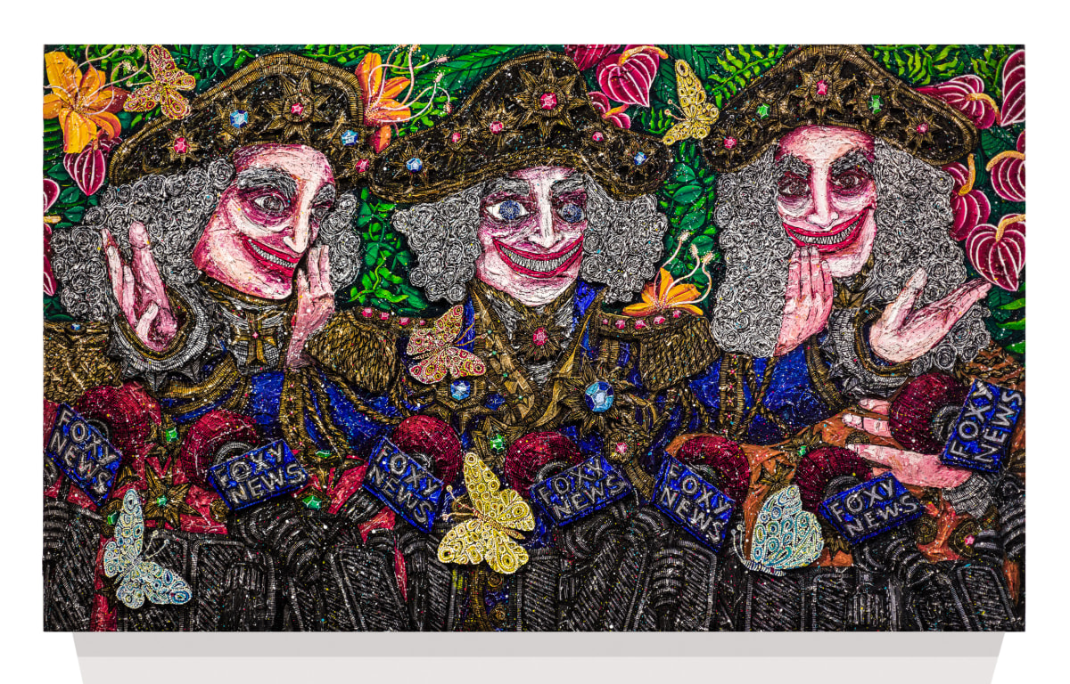 Textured painting of three happy colonial leaders behind Foxy News microphones