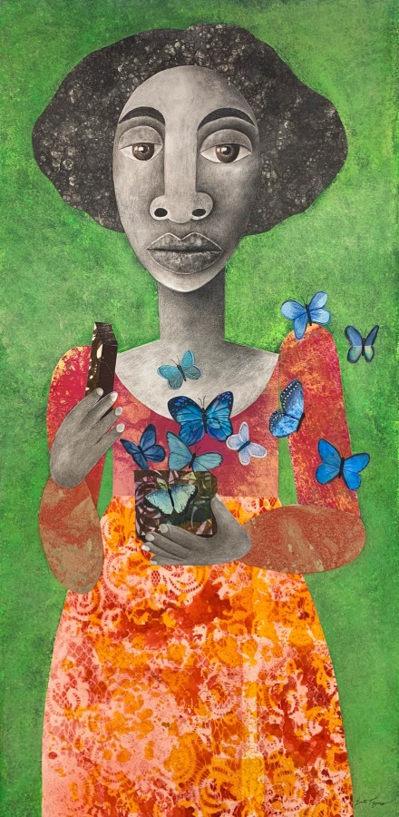 Evita Tezeno, Transformation, 2021, Mixed media collage on ragboard, 40 x 20 in.