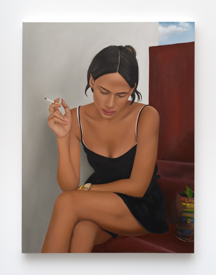 Gabriel Sanchez, Laura Smoking a Cigarette, 2022, Oil on canvas, 47.5 x 35.5 in.
