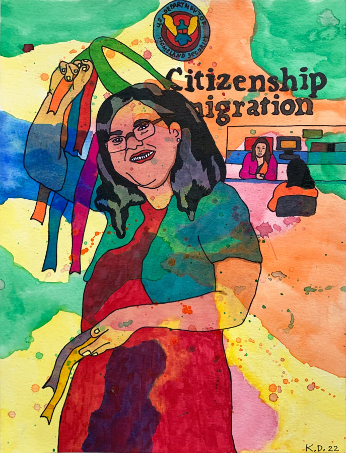 Karla Diaz, La T&iacute;a Citizen, 2022, Watercolor and ink on paper, ​​​​​​​12 x 9 in.