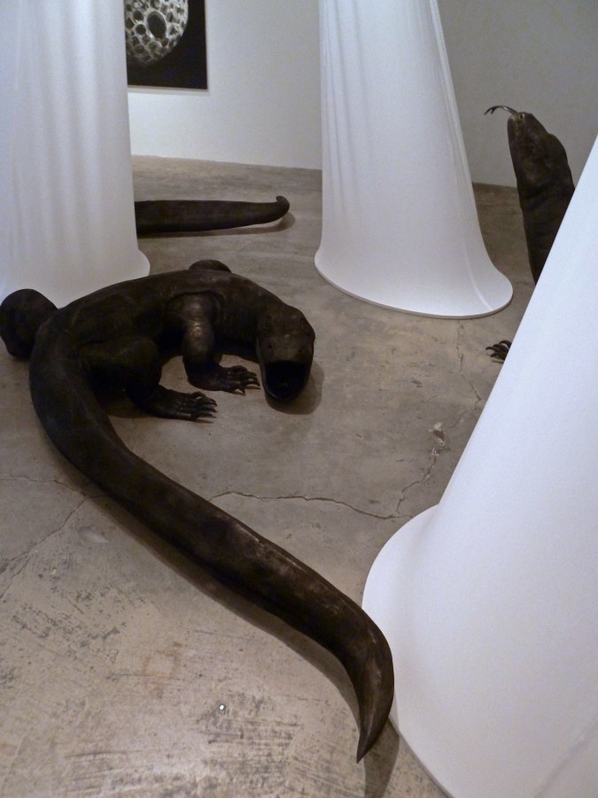 Installation View of Marisol Rend&oacute;n: So, Dragons Do Exist?  2013 Wood, fabric, lighting Variable dimensions.