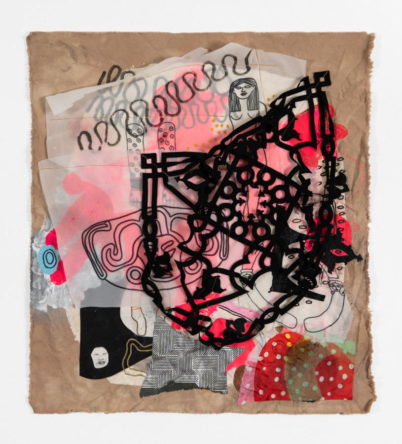 Jackie Milad, La Cosita Negra, 2021, Mixed media on dyed canvas collage, 25 x 22 in.