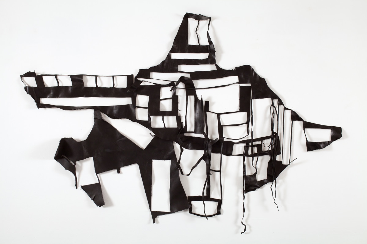 Margie Livingston Big Black Leather Drawing,2015 Leather and pins ​50 x 40 in.