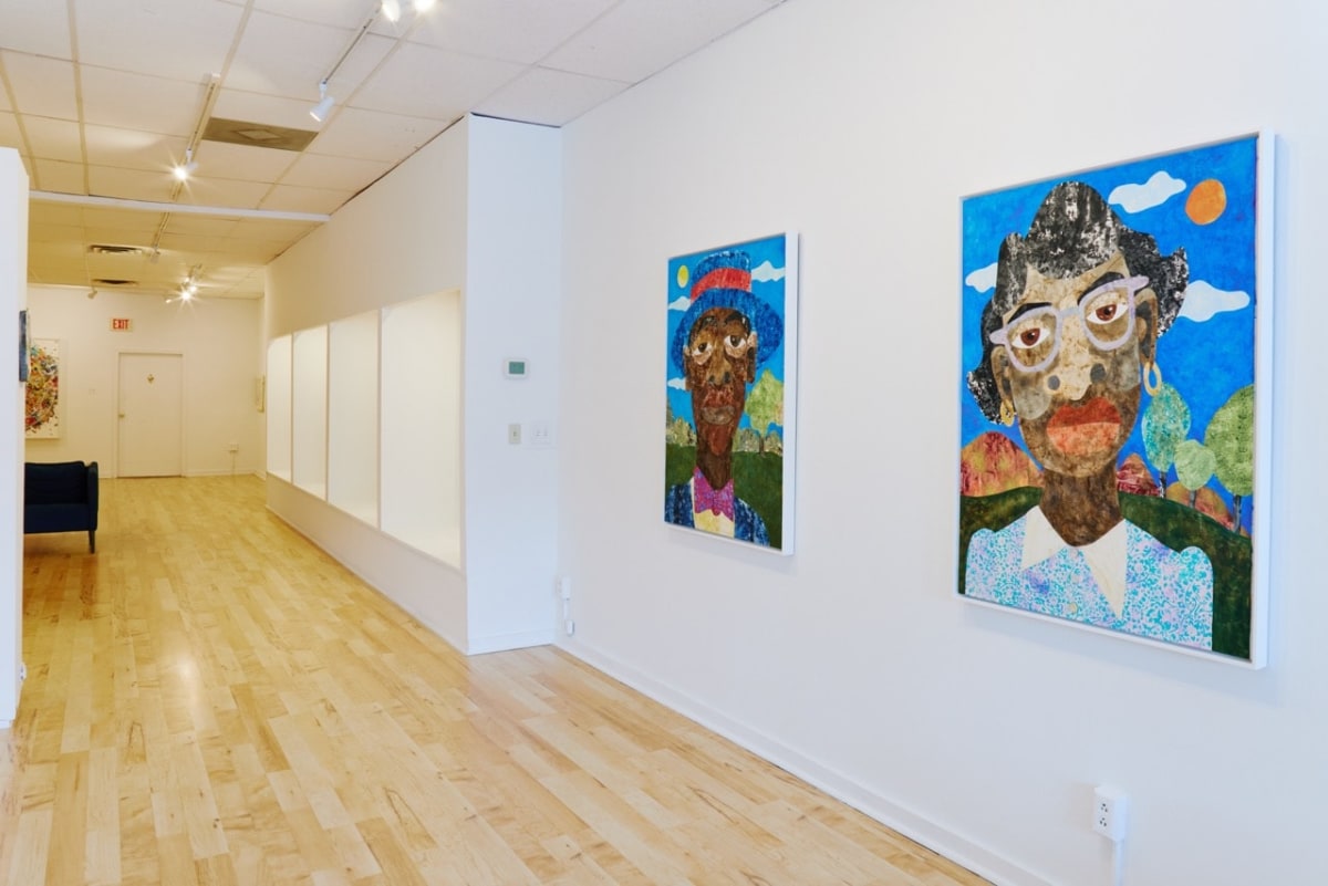 Installation view of Layer Build: Contemporary Collage,&nbsp;Massachusetts College of Liberal Arts, on view from&nbsp;February 21 - April 6, 2023