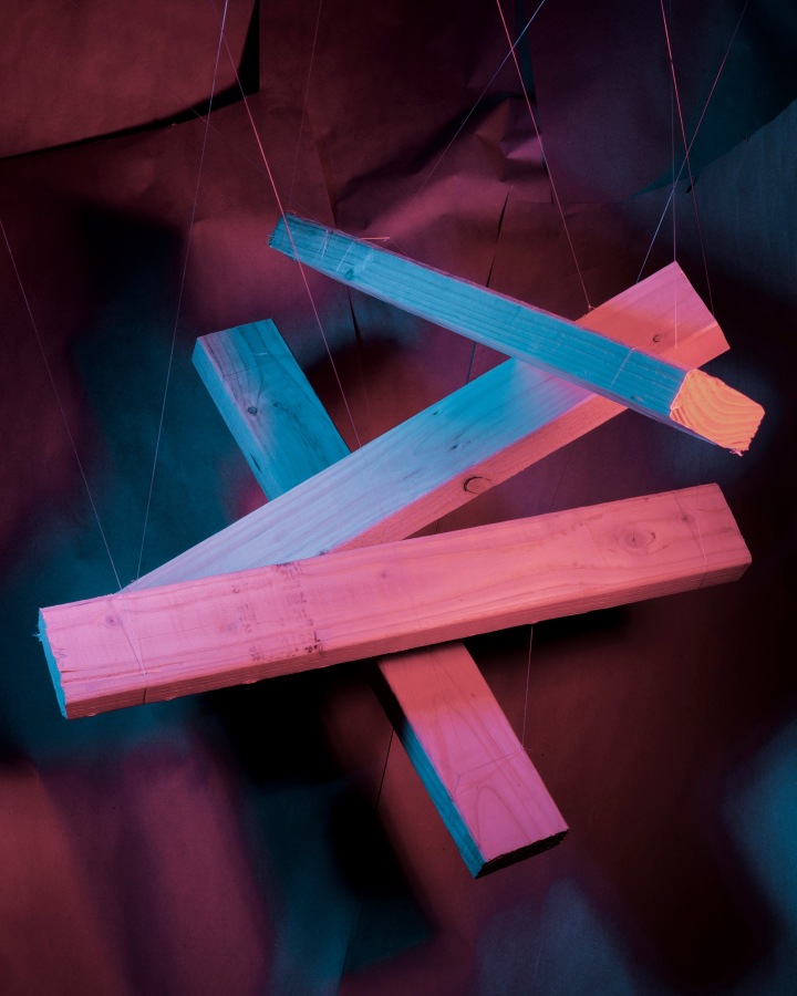 Masood Kamandy  2 x 4s Hanging with Fishing Line, 2013 C-print 45 x 36 in.