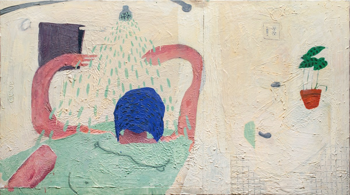 Aaron Maier-Carretero, alone in the bath, 2017, oil on canvas, 48 x 86 x 1.5 in.