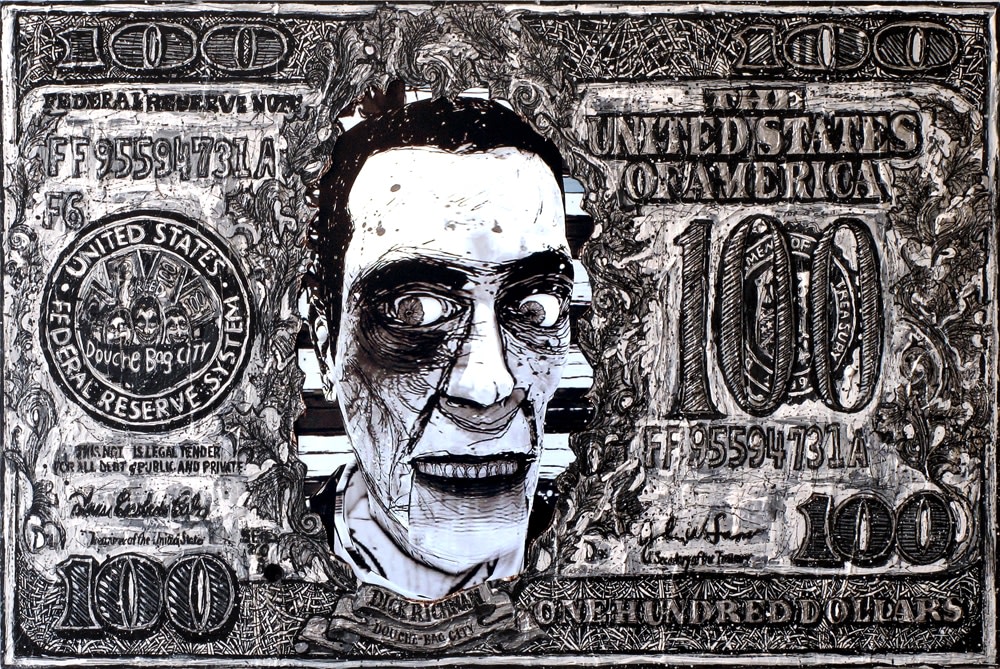 Federico Solmi Dick Richman, 2013 Hand-drawn animation, sound, digital video, media player,  LCD video screen, acrylic and silver leaf on panel ​24 x 36 in.