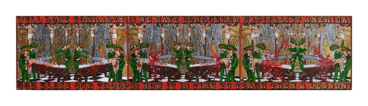 Federico Solmi Well Done Comrades! We Have Conquered Capitalist America!, 2012 Acrylic, ink, gold leaf on paper mounted on wood panel ​11 X 51 in.