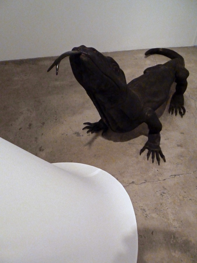 Installation View of Marisol Rend&oacute;n: So, Dragons Do Exist?  2013 Wood, fabric, lighting Variable dimensions.