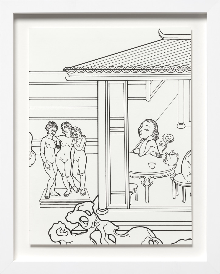 Phung Huynh, Color Me (Tea Party), 2022, Ink on paper, 12 x 9 in.,​​​​​15 x 11 in. framed