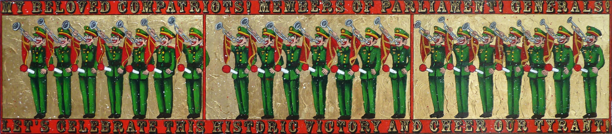 Federico Solmi My Beloved Compatriots! Members of Parliament! Generals!, 2012 Acrylic, ink, gold leaf on paper mounted on wood panel ​11 X 51 in.