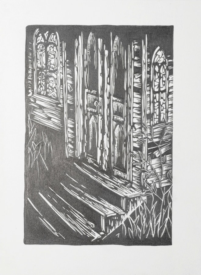 Ken Gonzales-Day, Untitled (After Hale Woodruff, By Parties Unknown, 1935), 2021, Archival ink and pencil on Arches BFK Rives, 15 x 10 in.