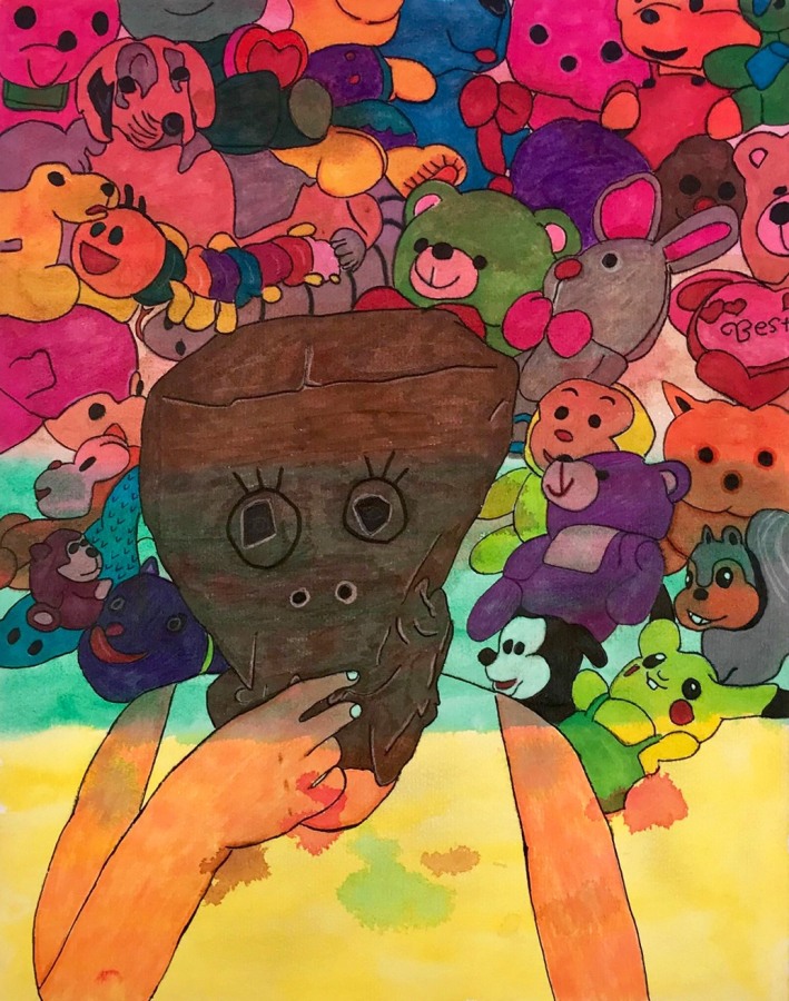 Karla Diaz, Self Portrait with Toys, 2021, Watercolor and ink on paper