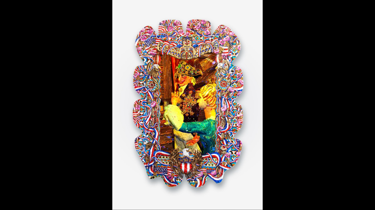 &quot;The Drunken Boat&quot;, acrylic paint, gold leaf, on shaped plexiglass, mounted on a wooden frame, LED screen, video loop. 45 x 69 inches.