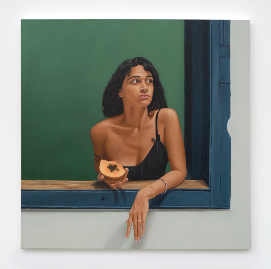 Gabriel Sanchez, Laura en la ventana, 2022, Oil on canvas, 40 x 40 in.