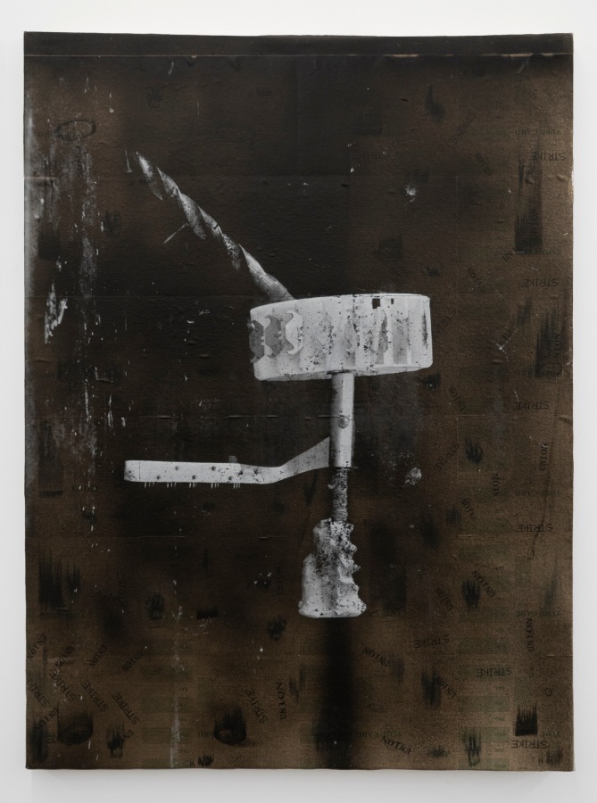 Rodrigo Valenzuela, Weapons #4, 2021, Screenprint on collaged time cards on canvas, 48 x 36 in.