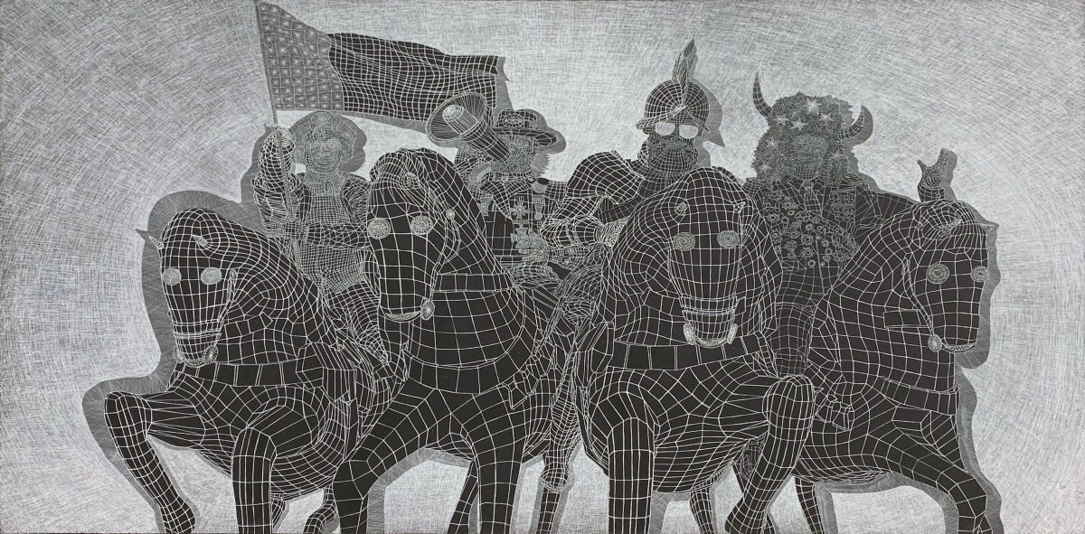 White ink on black background drawing of four horsemen carrying a flag.  It is a representation of the architecture or skeleton of the artist's videos.