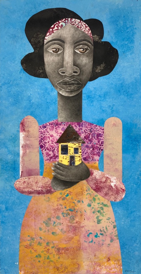 Evita Tezeno, Shelter in Place, 2021, Mixed media collage on ragboard, 40 x 20 in.