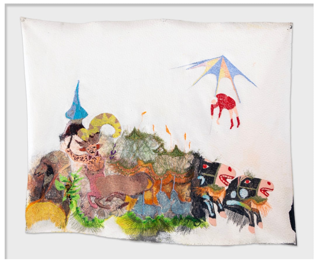 Griselda Rosas, Buena suerte, dijo el gafe , 2020 - 21 . Embroidery over faux ostrich skin and acrylic , 48 x 58 in (framed) . Courtesy of the artist and Quint Gallery.