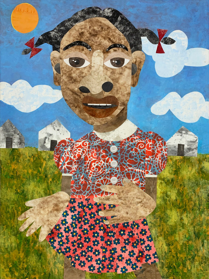 Evita Tezeno, Little Sally Walker, 2022, Mixed media collage, buttons, and acrylic on canvas, 48 x 36 in.
