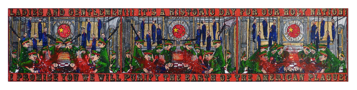 Federico Solmi Chinese Democracy: Ladies and Gentlemen&hellip;2012 Acrylic, ink, gold leaf on paper mounted on wood panel ​11 X 51 in.