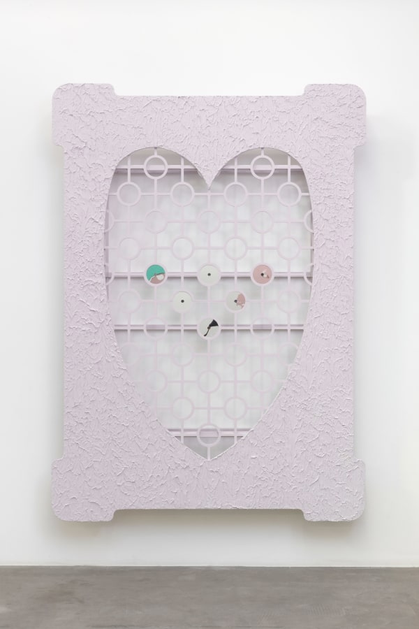 Edra Soto, Dorado I, 2021, MDF, plaster, paint, Sintra, aluminum tube, mirrored acrylic, and viewfinder, 87 x 63 x 7 inches