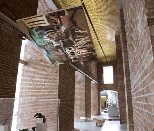 Caitlin Cherry,&nbsp;Dual-Loading Crossbow Artcraft &quot;Chateau Deat Row,&quot;&nbsp;2013, Oil on canvas with wood and rope construction, dimensions variable with installation.&nbsp;Photo by the Brooklyn Museum.