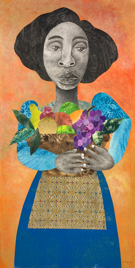 Evita Tezeno, Harvest, 2021, Mixed media collage on ragboard, 40 x 20 inches