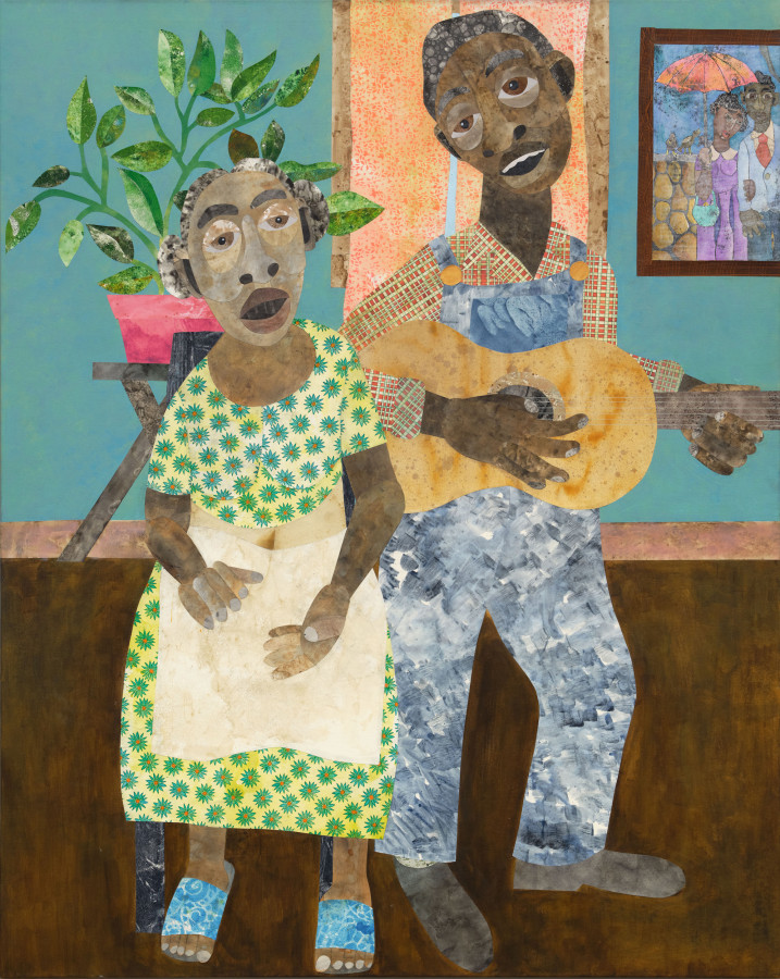 Evita Tezeno, Play Me Some Toe Tapping Music, 2022, Mixed media collage and acrylic on canvas, 60 x 48 in.