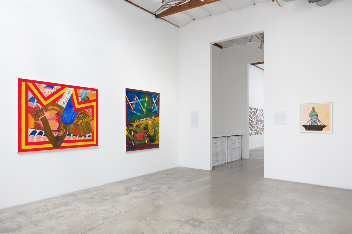 Installation View of&nbsp;Unreachable Spring: Peter Williams (L),&nbsp;Kambui Olujimi (R), and Edra Soto (rear)