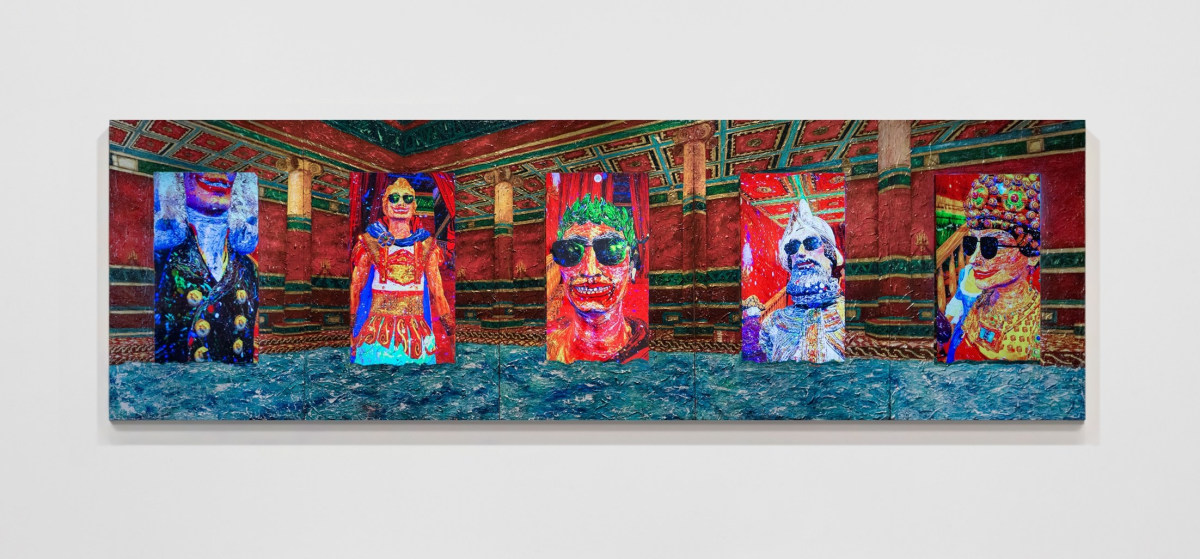 Five channel video installation with ornate painted frame depicting a Roman bathhouse