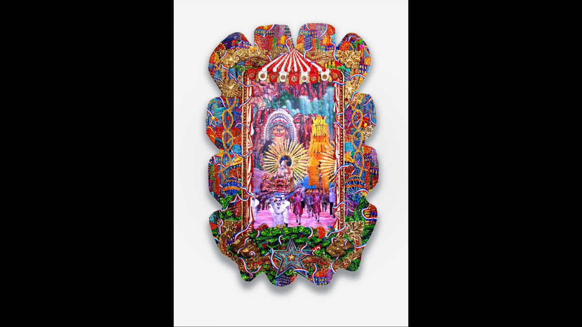 &quot;The Golden Gift&quot;, acrylic paint and gold leaf on shaped plexiglass mounted on a wooden frame, LED screen, video loop, 45 x 69 inches.