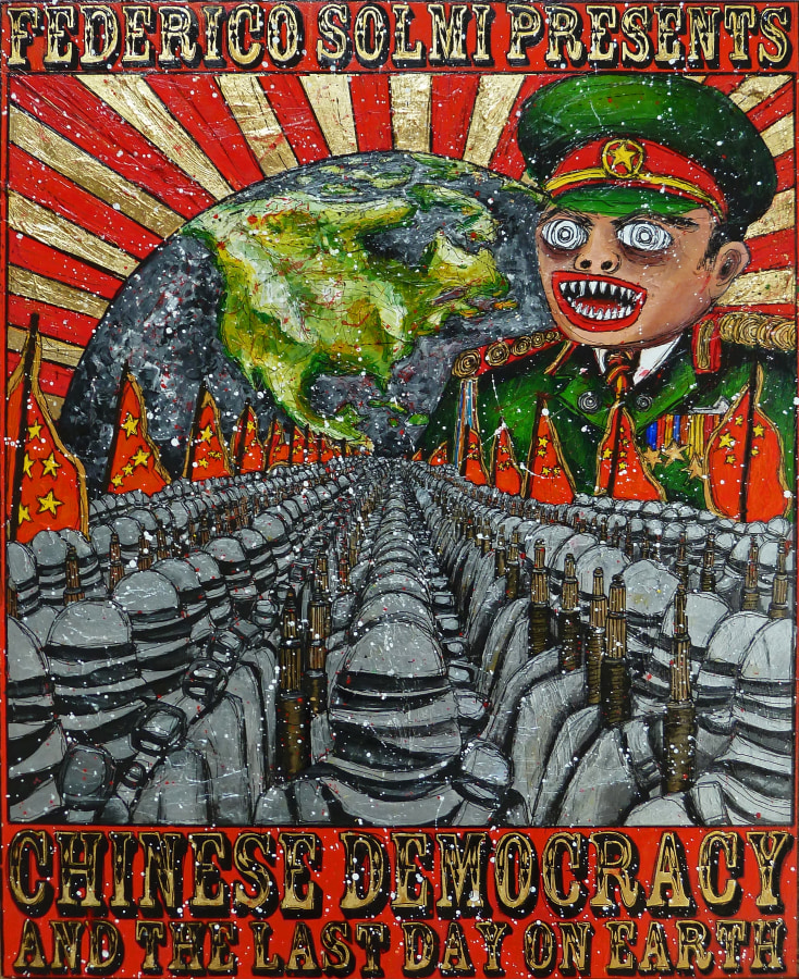 Federico Solmi Federico Solmi Presents Chinese Democracy and The Last Day On Earth  (Space Warriors), 2012 Acrylic, ink, gold leaf on paper mounted on wood panel ​20 x 16 in.