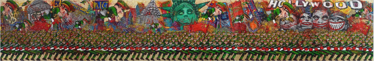 Federico Solmi Chinese Democracy Parade (Hollywood),2012 Acrylic, ink, gold leaf on paper mounted on wood panel 19.5 x 118 in.