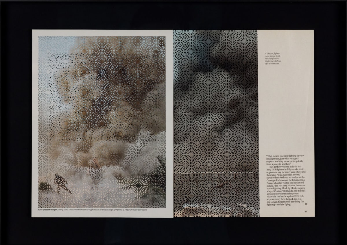 Samira Yamin (Geometries) Fire Smoke, 2024 Hand-cut TIME Magazine pages 15.25 x 10.75 in (38.7 x 27.3 cm)