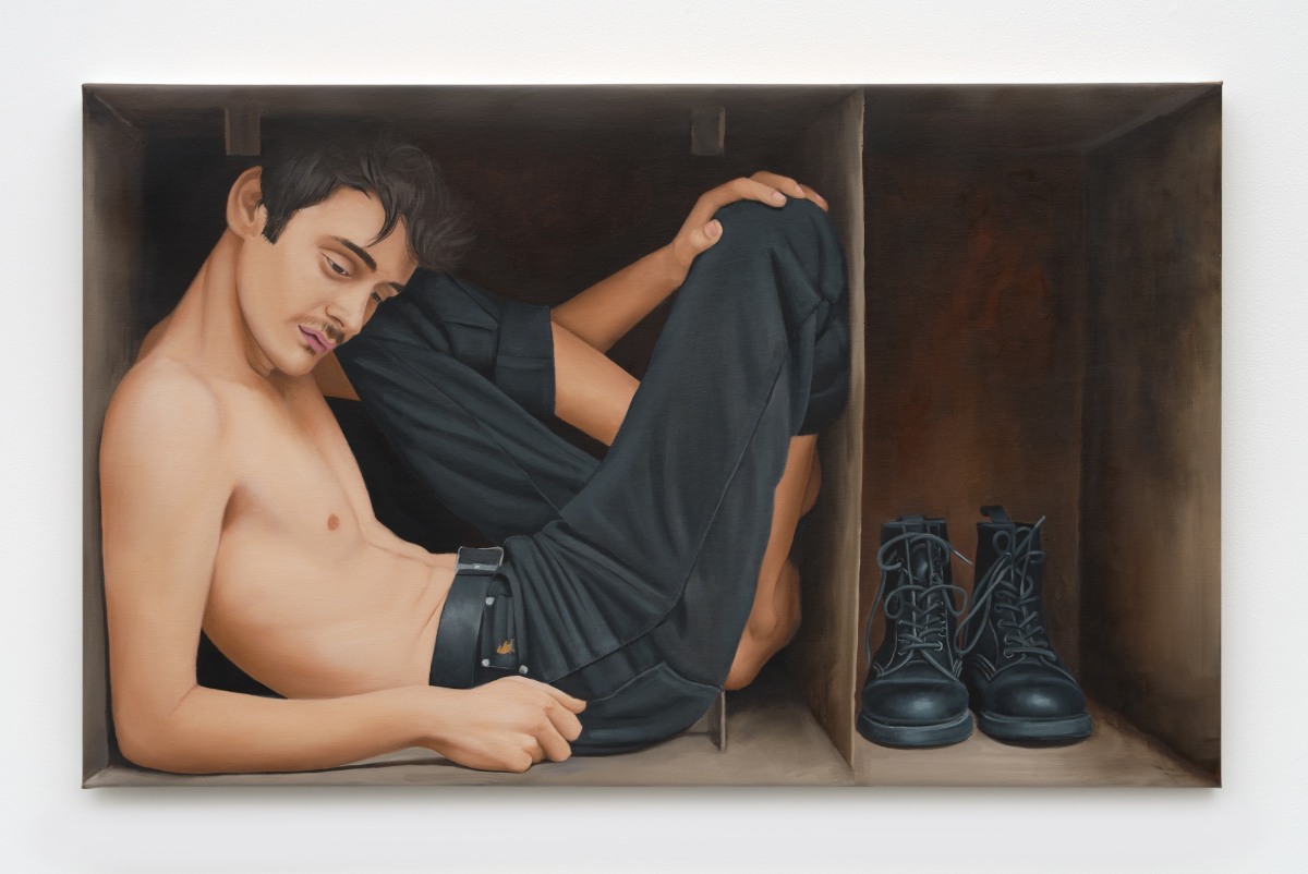 Gabriel Sanchez, Adentro una caja, 2022, Oil on canvas, 26 x 42 in.