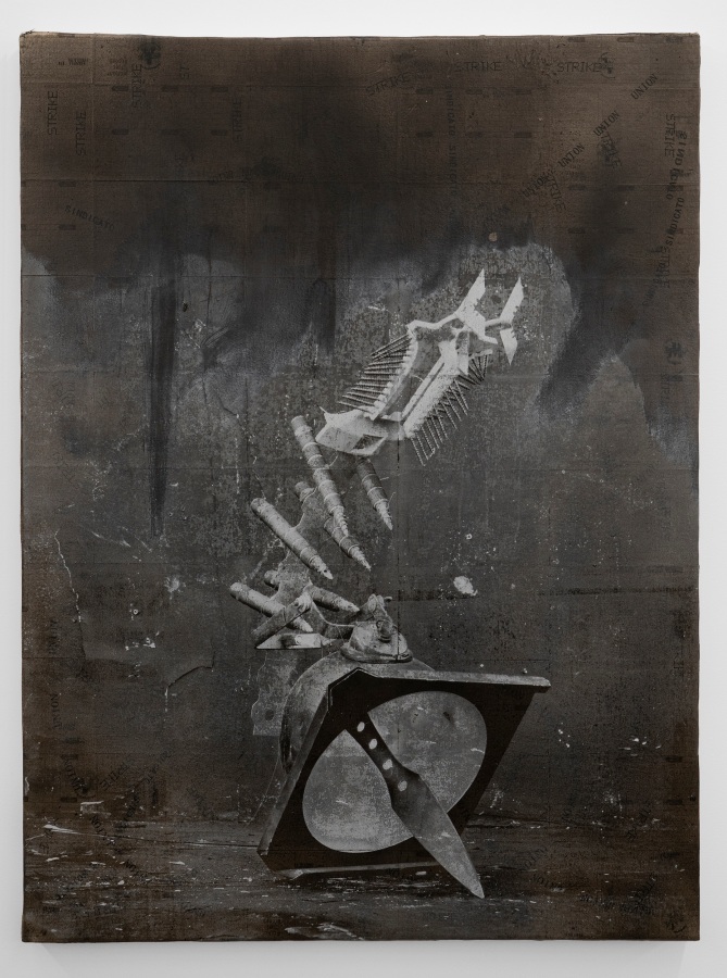 Rodrigo Valenzuela, Weapons #3, 2021, Screenprint on collaged time cards on canvas, 48 x 36 in.