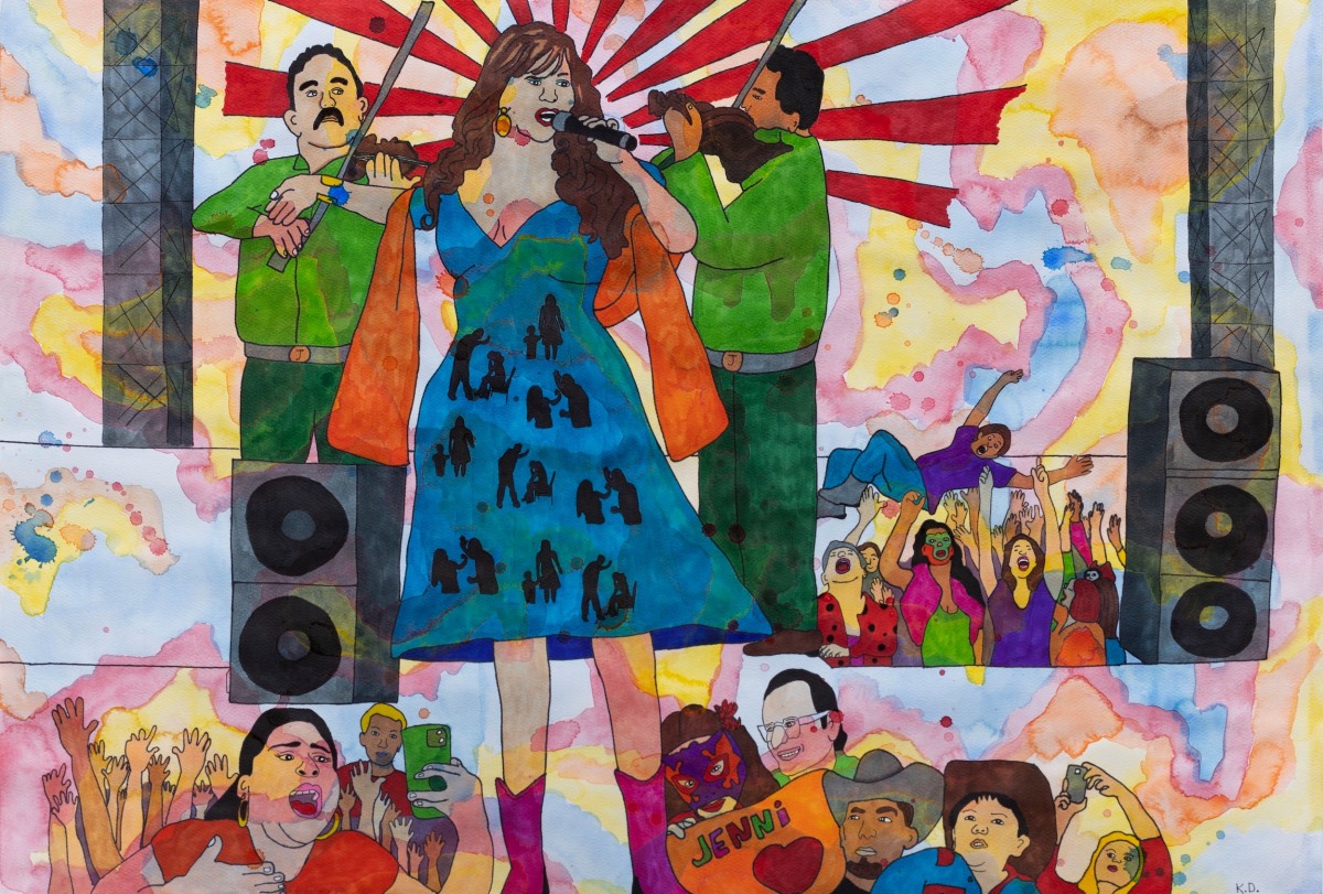 Karla Diaz, Jenni Rivera, 2022, Watercolor and ink on paper, 15 x 22 in.