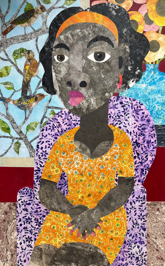 Evita Tezeno, Cherish the Moment, 2022, Mixed media collage and acrylic on canvas, 48 x 30 in.
