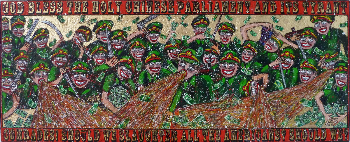 Federico Solmi God Bless the Holy Chinese Parliament, 2011 Acrylic, ink, gold leaf on paper mounted on wood panel ​11.75 x 29.75 in