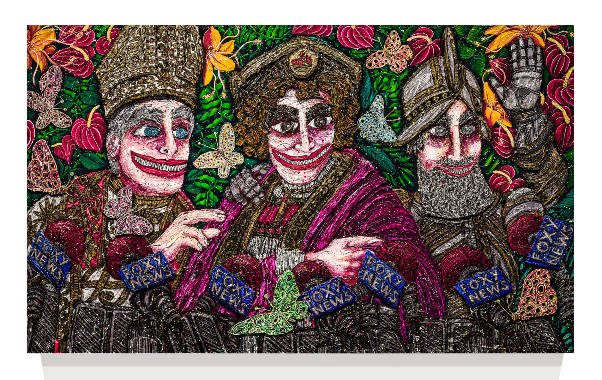 Textured painting of a pope, Christopher Columbus and a conquistador surrounded by butterflies and in a tropical setting behind foxy news microphones