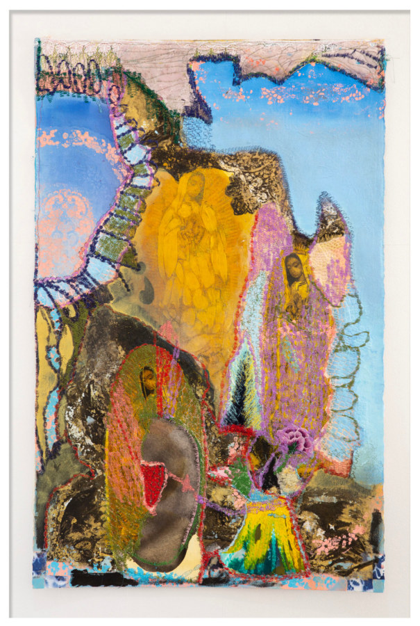 Griselda Rosas, Para&iacute;sos sumarios de la Fe (misa fronteriza) , 2022 . Embroidery over paper, watercolor and collage, 45 x 31 in (framed). Courtesy of the artist and Quint Gallery.