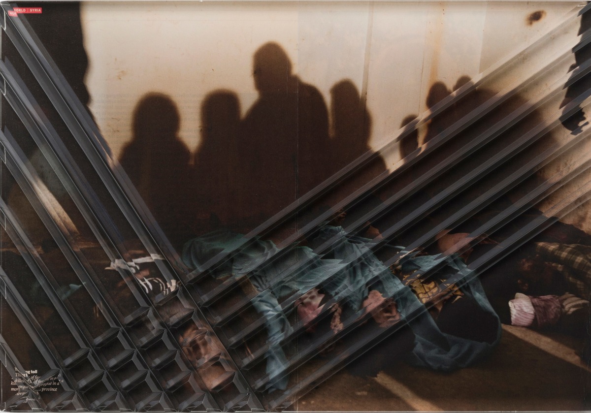 Samira Yamin (Refractions) March 12, 2012, 2018 Wheel-cut optical glass and TIME Magazine page, mounted on Sintra 10.25 x 15.375 in (26 x 39.1 cm)